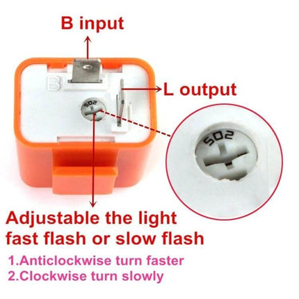 Motorcycle LED Turn Signal Relay Universal Fit For All Bikes - compact adjustable 12V flasher module with B input and L output for LED indicators