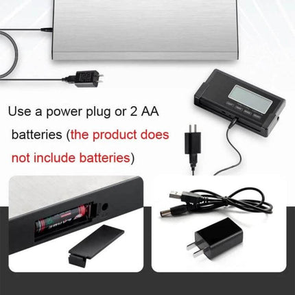 Wireless Portable Express Scale For Animal Weighing showing independent display, power plug, USB cable and AA battery compartment