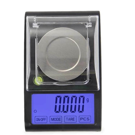 Diamond Carat Jewelry Scale for Accurate Home Weighing showing 0.000 g LCD, stainless steel pan, protective lid and built-in level for precise 0.001 g measurements