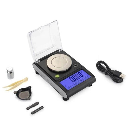 Diamond Carat Jewelry Scale for Accurate Home Weighing showing 0.001 g precision digital scale with tray, tweezers, calibration weight and USB cable