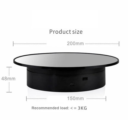 20cm Two-Way Turntable Stand for Product Display and Video Shooting showing black 200mm rotating platform with dimensions and 3kg load capacity