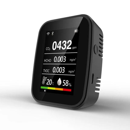 Indoor Air Quality Monitor with Temperature and Humidity Detection black tabletop device showing CO2 432 ppm, HCHO 0.003 mg/m³, TVOC 0.003 mg/m³, 20°C 58%