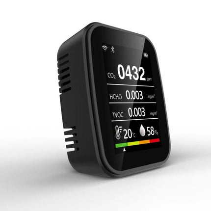 Indoor Air Quality Monitor with Temperature and Humidity Detection showing CO2 432 ppm, HCHO 0.003 mg/m³, TVOC 0.003 mg/m³, 20°C and 58% humidity