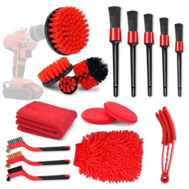 Waterproof Car Wash Cleaning Brush Set, 18 Pieces for Vehicles red brushes, drill attachments, microfiber mitt and detailing brushes