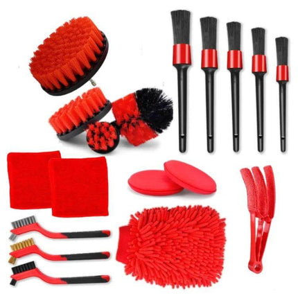 Waterproof Car Wash Cleaning Brush Set, 18 Pieces for Vehicles - red brushes and cleaning accessories for car interior and exterior