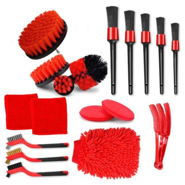 Waterproof Car Wash Cleaning Brush Set, 18 Pieces for Vehicles - red brushes and cleaning accessories for car interior and exterior