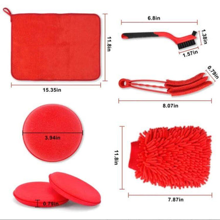 Waterproof Car Wash Cleaning Brush Set, 18 Pieces for Vehicles - red microfiber mitt, brushes, pads and towel kit