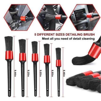 Waterproof Car Wash Cleaning Brush Set, 18 Pieces for Vehicles - five detailing brushes for vents, dashboards, seats and tires