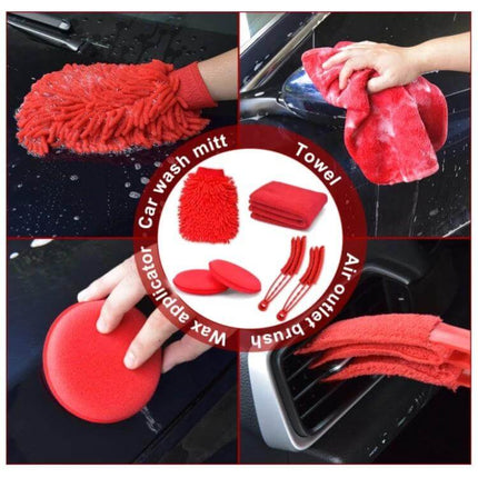 Waterproof Car Wash Cleaning Brush Set, 18 Pieces for Vehicles showing red mitts, towels, sponges and vent brushes for interior and exterior cleaning