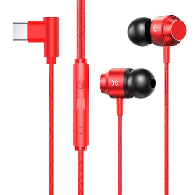 USB-C In-Ear Earphones for Everyday Listening and Travel - red USB-C wired in-ear earphones with inline remote and braided cable, noise-isolating earbuds