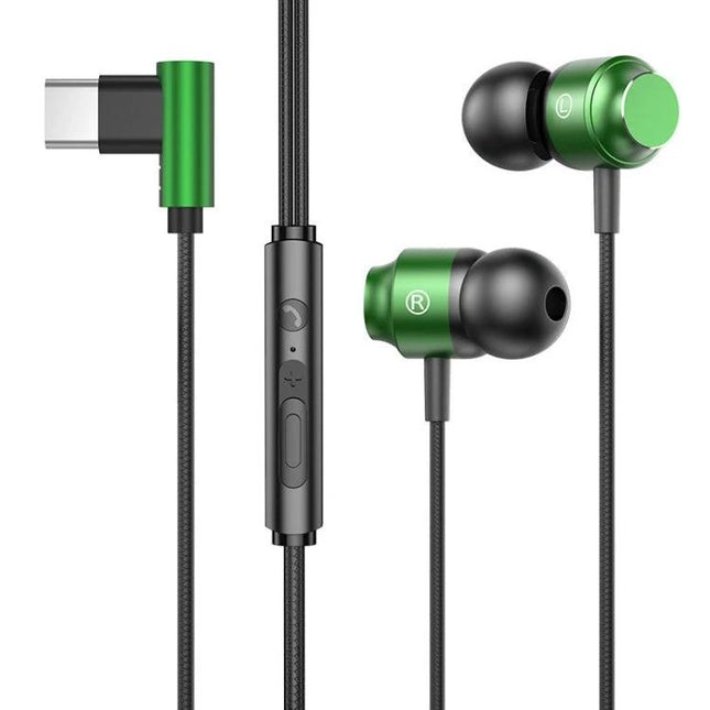 USB-C In-Ear Earphones for Everyday Listening and Travel - green metallic earbuds with inline remote, braided cable and right-angle USB-C connector