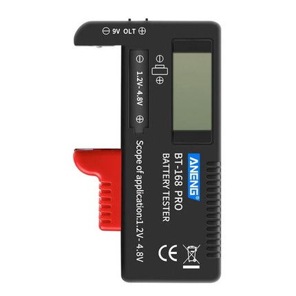 ANENG Battery Voltage Tester for Everyday Checks compact BT-168 pro battery tester showing LCD and sliding contact for AA AAA 9V and 18650
