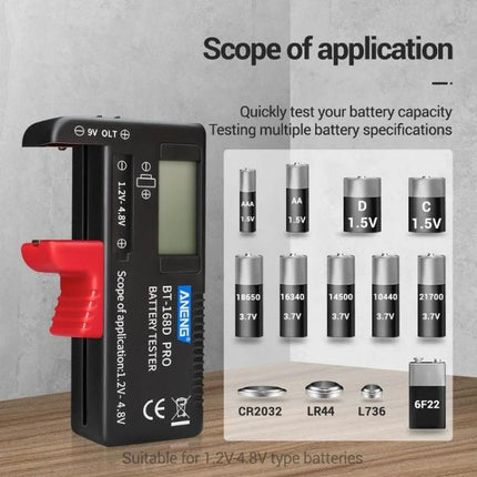ANENG Battery Voltage Tester for Everyday Checks handheld tester showing compatibility with AA AAA 18650 CR2032 LR44 L736 6F22 batteries