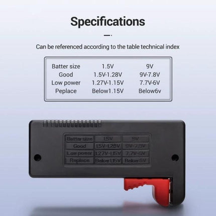 ANENG Battery Voltage Tester for Everyday Checks compact handheld tester showing specifications chart for 1.5V and 9V batteries
