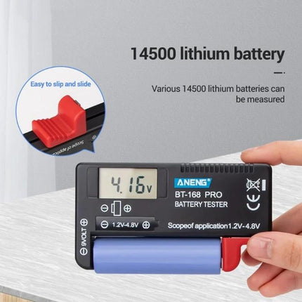 ANENG Battery Voltage Tester for Everyday Checks - handheld BT-168 measuring 14500 lithium 4.16V battery in flashlight and device testing