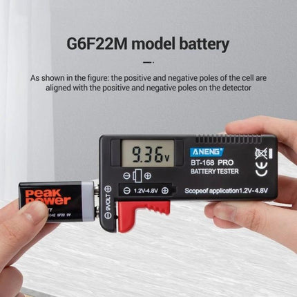 ANENG Battery Voltage Tester for Everyday Checks showing BT-168 PRO reading 9.36V while testing a 9V battery