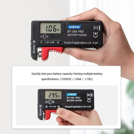 ANENG Battery Voltage Tester for Everyday Checks handheld compact tester showing 1.06V reading for AA/AAA/18650 batteries