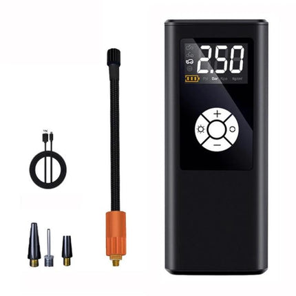 Compact black digital Air Pump for Daily Inflation of Tires and Inflatables with display, hose and nozzle accessories