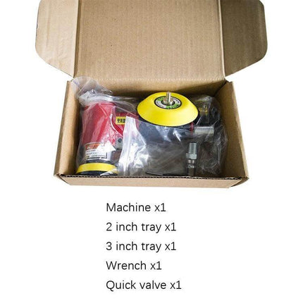 Versatile Pneumatic Polisher for Auto Detailing with Multiple Pad Sizes packaged kit showing machine, 2" and 3" pads, wrench and quick valve