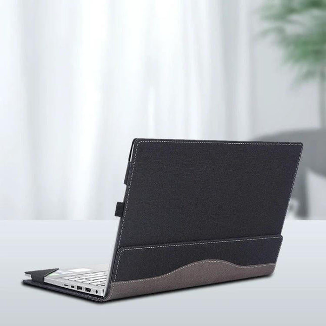 PU Leather Protective Case for 14 and 15 Inch HP Laptops - black PU leather sleeve with stitched accents, slim protective cover for commuters and students