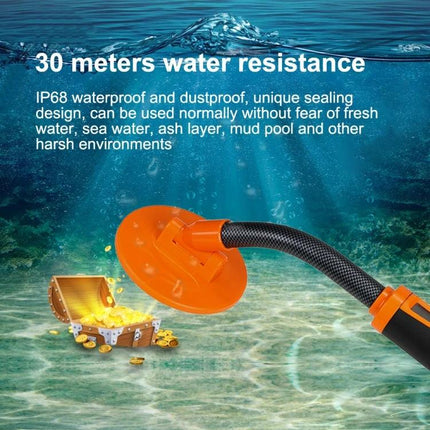 Waterproof Handheld Metal Detector for Outdoor Treasure Hunting showing orange waterproof search coil underwater with treasure chest and IP68 text