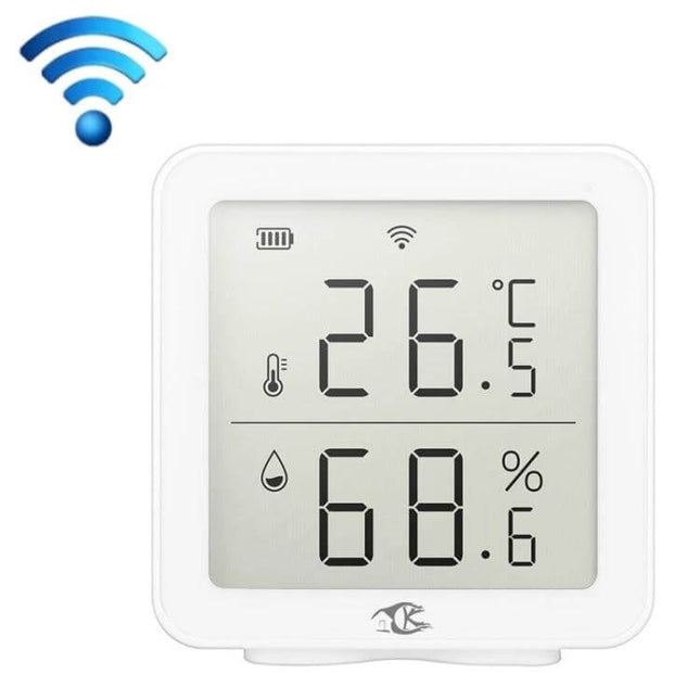 Wireless Smart Digital Home Thermometer for Remote Monitoring showing 26.5°C and 68.6% humidity on white display with WiFi icon