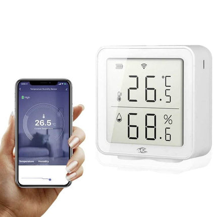Wireless Smart Digital Home Thermometer for Remote Monitoring showing device display and phone app with temperature and humidity readings