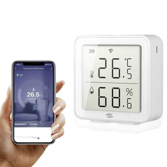 Wireless Smart Digital Home Thermometer for Remote Monitoring showing device display and phone app with temperature and humidity readings