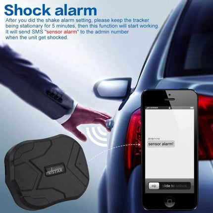 4G GPS Tracker for Real-Time Vehicle Location Monitoring shown with magnetic tracker, shock alarm alerting smartphone via SMS for vehicle security