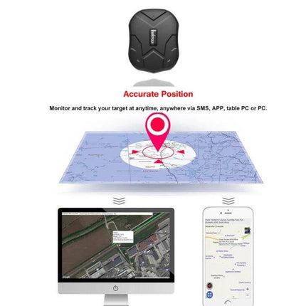 Magnetic Car GPS Tracker for Real-Time Vehicle Monitoring black magnetic GPS device showing map pin, desktop and mobile app tracking screen