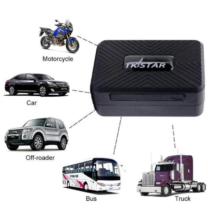 Reliable GPS Tracker for Vehicle Location and Security Monitoring - compact Tristar GPS unit showing use on motorcycle, car, off-roader, bus and truck