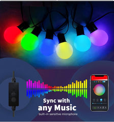 Guirnalda de luces RGB inteligentes con Bluetooth y bombilla G40 para decoración de exteriores. Especificaciones: