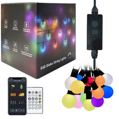 Guirnalda de luces RGB inteligentes con Bluetooth y bombilla G40 para decoración de exteriores. Especificaciones: