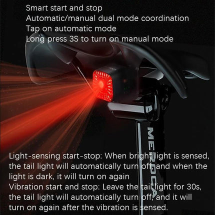 MEROCA XC02 Light Sensitive Taillight For Daily Rides compact red rear bike light with automatic/manual modes and 100 lumens, mounted under saddle