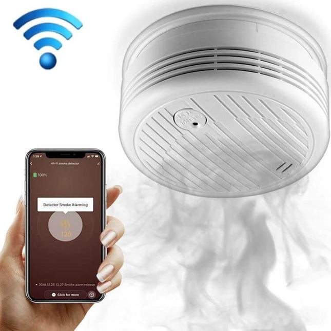 WiFi Smoke Detector for Home Safety with App Notifications showing ceiling unit, smoke and mobile push alert