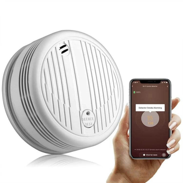 WiFi Smoke Detector for Home Safety with App Notifications showing detector and phone with app alert