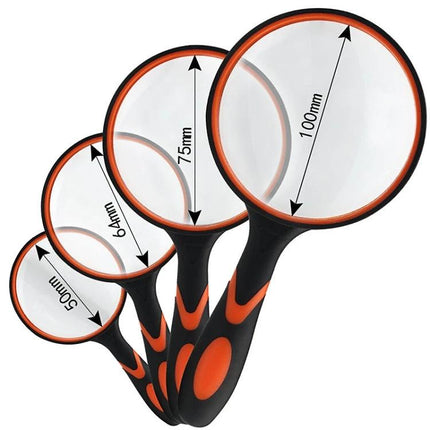 HD Optical Lens Handheld Magnifying Glass for Detailed Viewing showing four acrylic lenses with rubber black and orange handles