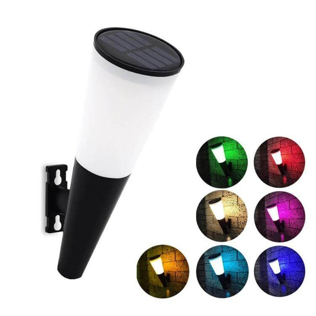 Outdoor Solar Garden Cone Wall Lamp Two Color LEDs mounted on wall showing white and colored LED light options with solar panel top
