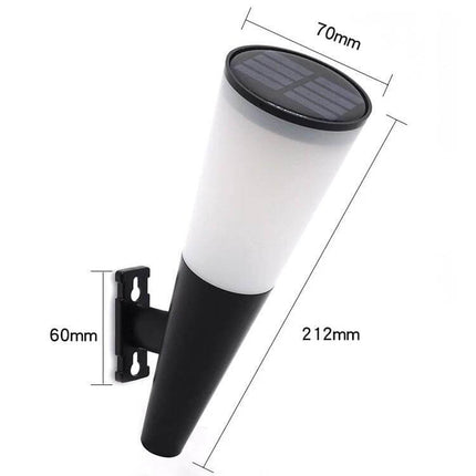 Outdoor Solar Garden Cone Wall Lamp Two Color LEDs mounted black cone with solar top and two-color LED diffuser, dimensions 212mm x 70mm x 60mm