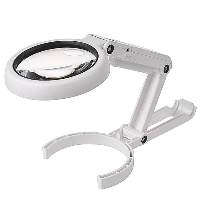 Handheld LED Magnifier for Everyday Reading and Close Inspection with foldable ABS frame and acrylic lens for reading coins stamps and electronics