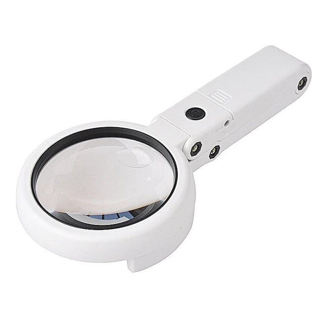 Handheld LED Magnifier for Everyday Reading and Close Inspection - white foldable acrylic lens with LED lights for books, coins, stamps, electronics
