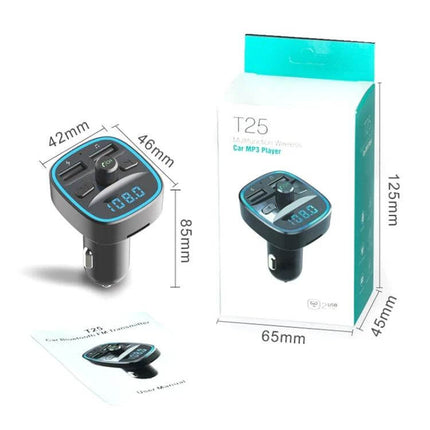 Car MP3 Bluetooth Player Charger With Blue Ambient Light showcasing T25 unit, digital tube display, USB ports and dimensions for in-car streaming and charging