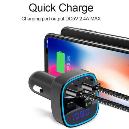 Car MP3 Bluetooth Player Charger With Blue Ambient Light showing USB quick charge ports, digital display and phone charging in car