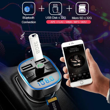 Car MP3 Bluetooth Player Charger With Blue Ambient Light streaming music from phone, USB and microSD playback, digital display and USB charging in car