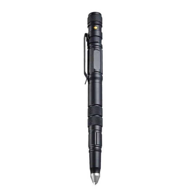 Multi-Functional Self-Defense Pen with LED and Window Breaker - black tungsten steel tactical pen with LED light, clip, and window breaker tip