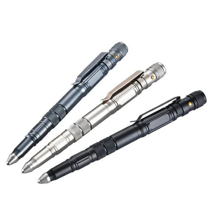 Multi-Functional Self-Defense Pen with LED and Window Breaker in three metal finishes showing tungsten tip, LED light, clip and window breaker
