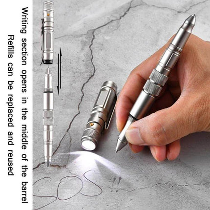 Multi-Functional Self-Defense Pen with LED and Window Breaker in use — tungsten steel tip, LED light, writing and emergency window breaker