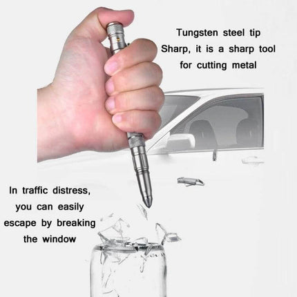 Multi-Functional Self-Defense Pen with LED and Window Breaker shown held to break car window and with tungsten steel tip and LED light