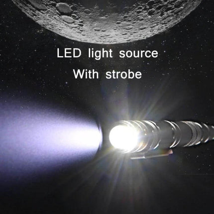 Multi-Functional Self-Defense Pen with LED and Window Breaker showing LED light beam and strobe function illuminating dark scene
