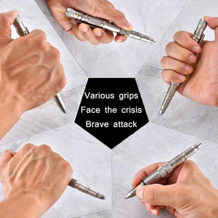 Multi-Functional Self-Defense Pen with LED and Window Breaker held in different tactical grips showing tungsten steel tip and LED for emergencies